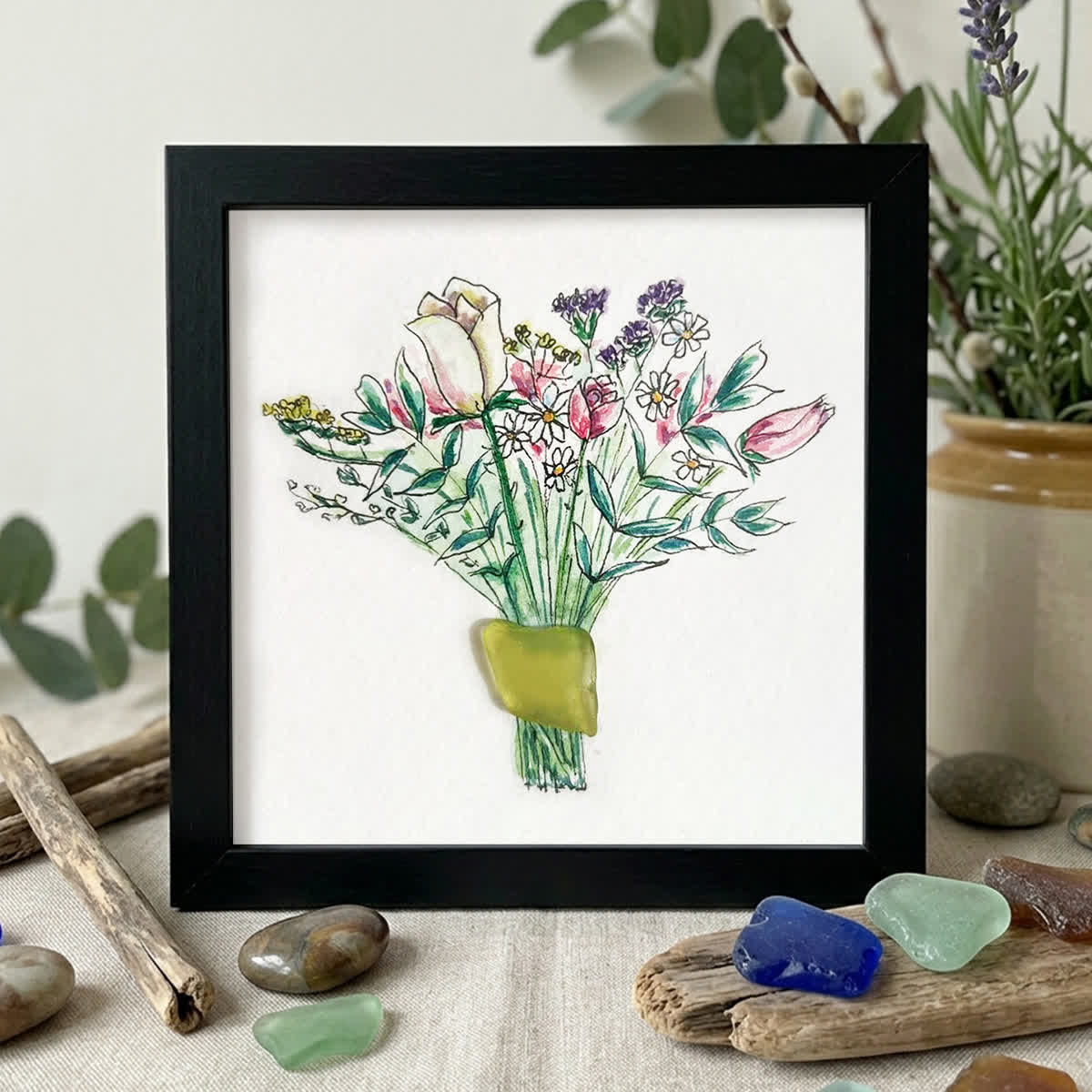 Nature's Beauty Flower Bouquet Sea Glass Framed Art - Black - 8" X 8" - image 9