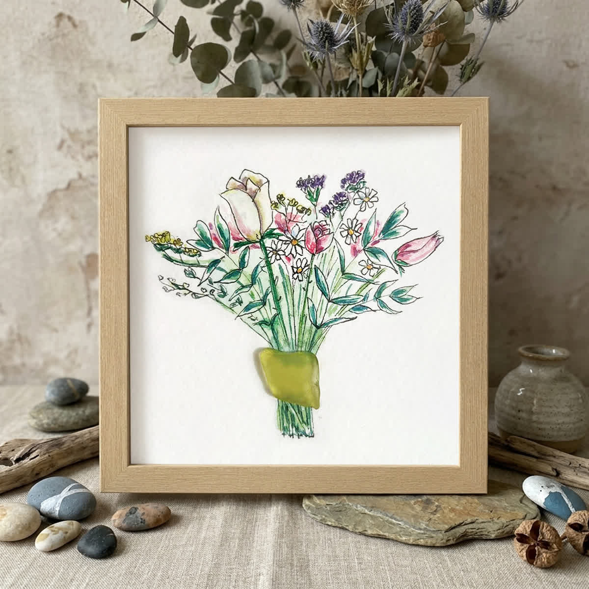 Nature's Beauty Flower Bouquet Sea Glass Framed Art - Oak - 8" X 8" - image 8