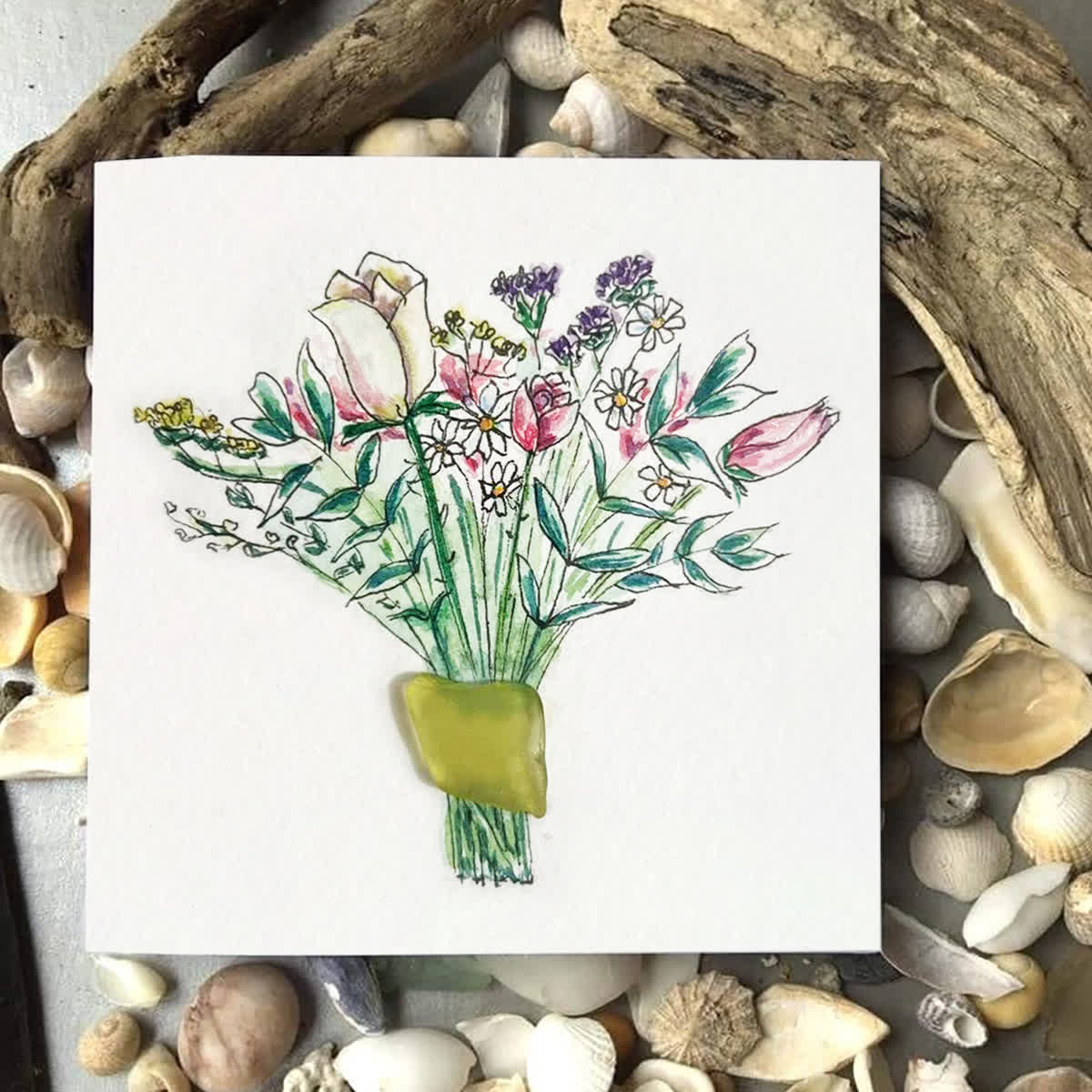Nature's Beauty Flower Bouquet Sea Glass Framed Art - Seaglass Card - 8" X 8" - image 1