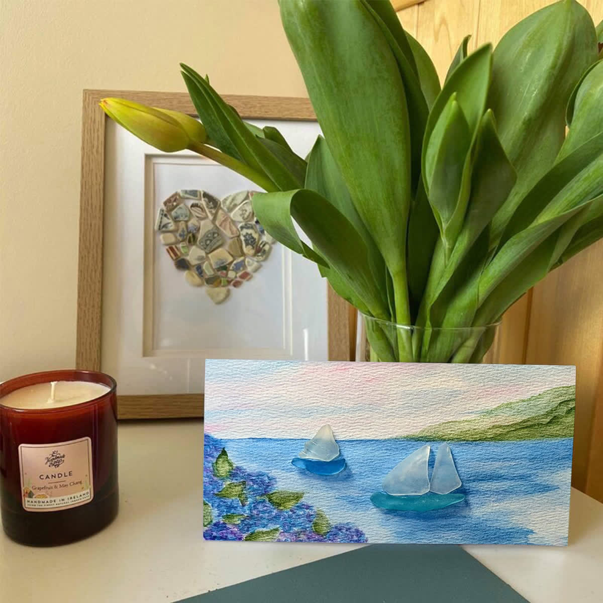 Tranquil Voyage Sailboats Sea Glass Framed Art - Seaglass Card - 6" X 8" - image 1