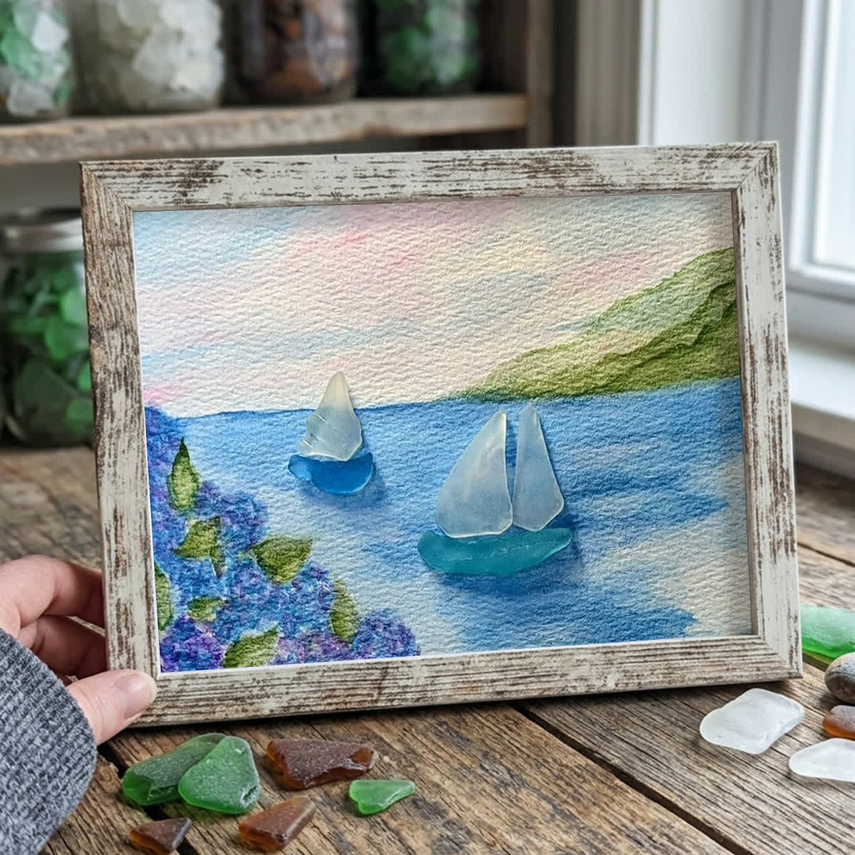 Tranquil Voyage Sailboats Sea Glass Framed Art - Retro White - 6" X 8" - image 11