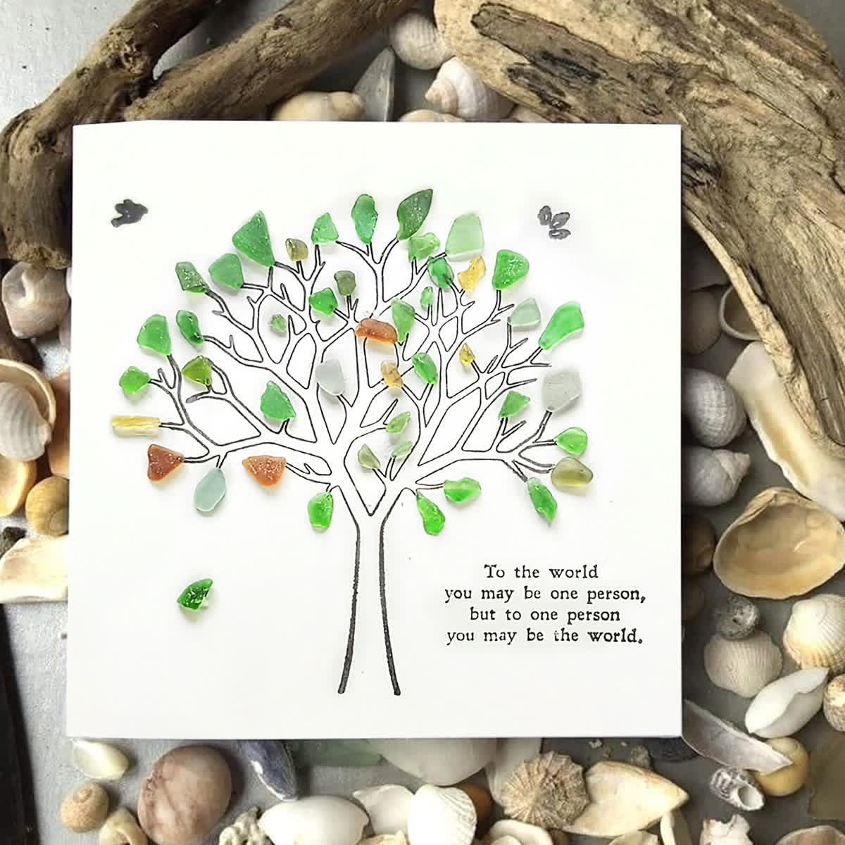 Love & Belonging Coastal Tree Sea Glass Framed Art - Seaglass Card - 8" X 8" - image 1