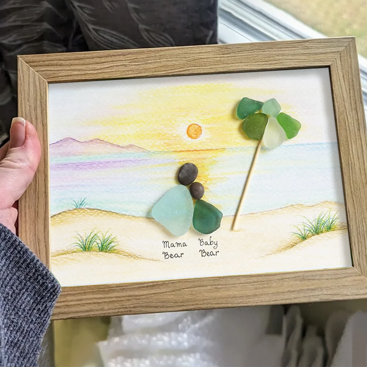 Custom Mama & Baby Sunset Sea Glass Framed Art - image 0