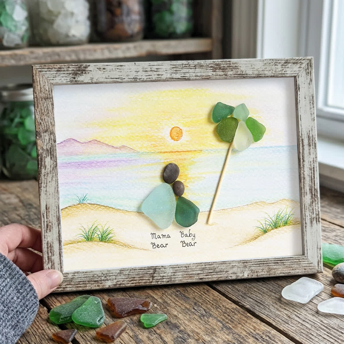 Custom Mama & Baby Sunset Sea Glass Framed Art - Retro White - 6" X 8" - image 11