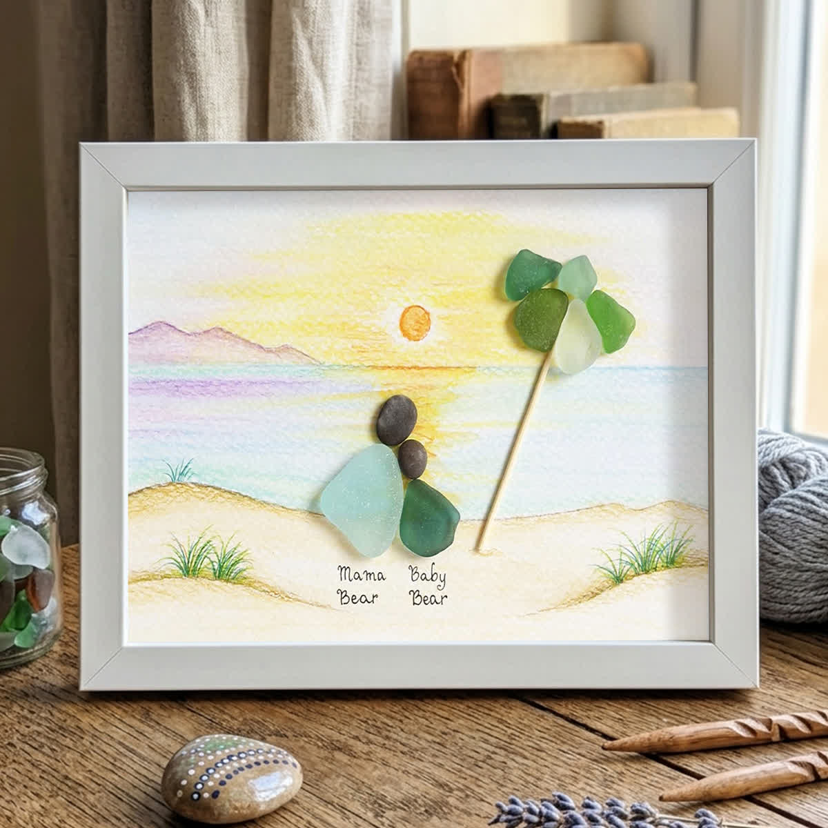 Custom Mama & Baby Sunset Sea Glass Framed Art - White - 6" X 8" - image 10