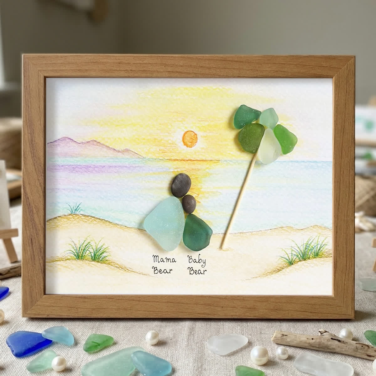 Custom Mama & Baby Sunset Sea Glass Framed Art - Walnut Brown - 6" X 8" - image 8