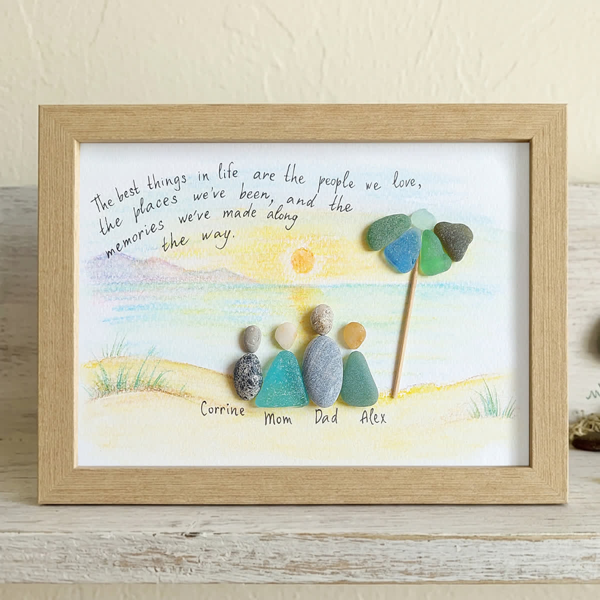 Custom Name Family Portrait Sea Glass Framed Art - Oak - 6" X 8" - image 7