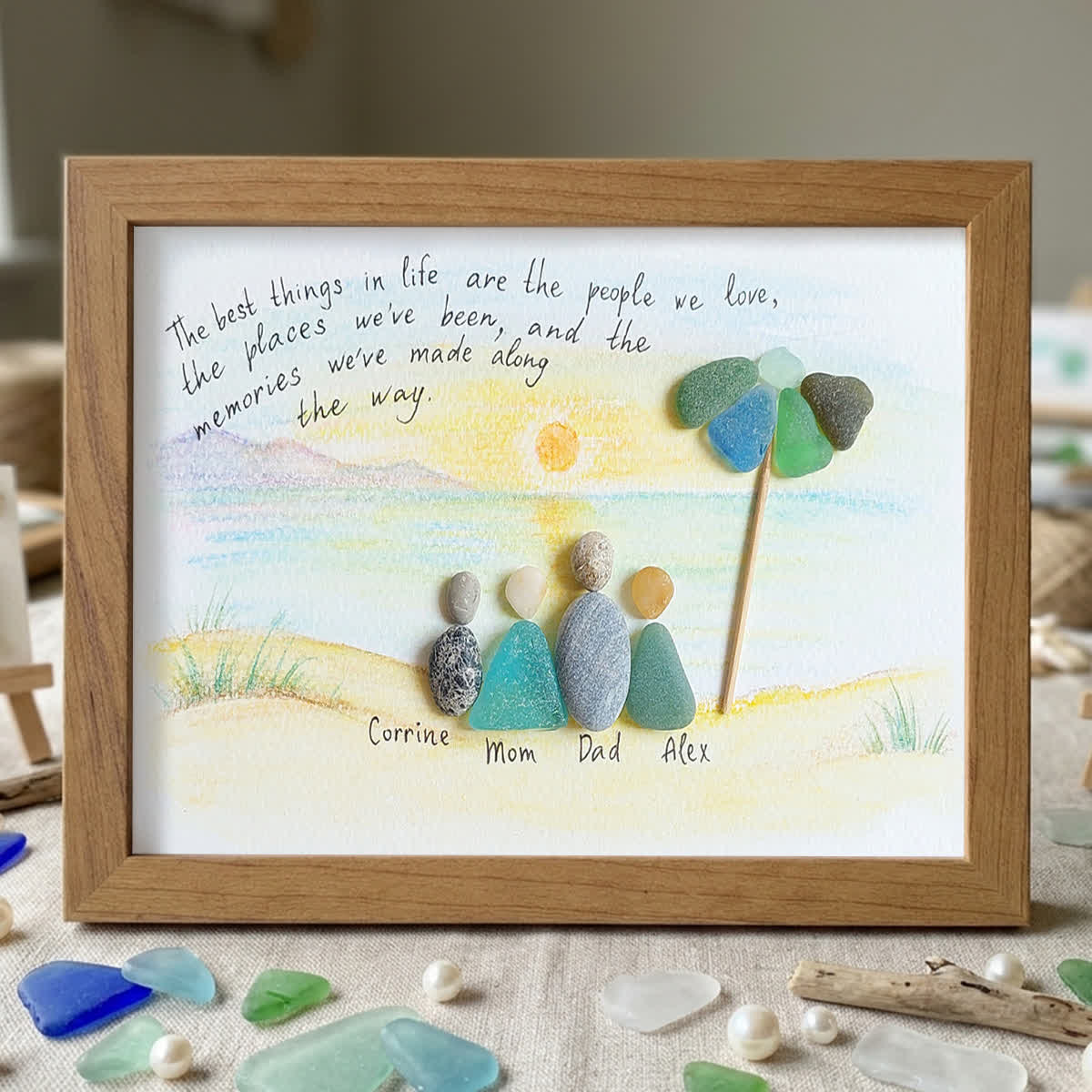 Custom Name Family Portrait Sea Glass Framed Art - Walnut Brown - 6" X 8" - image 8