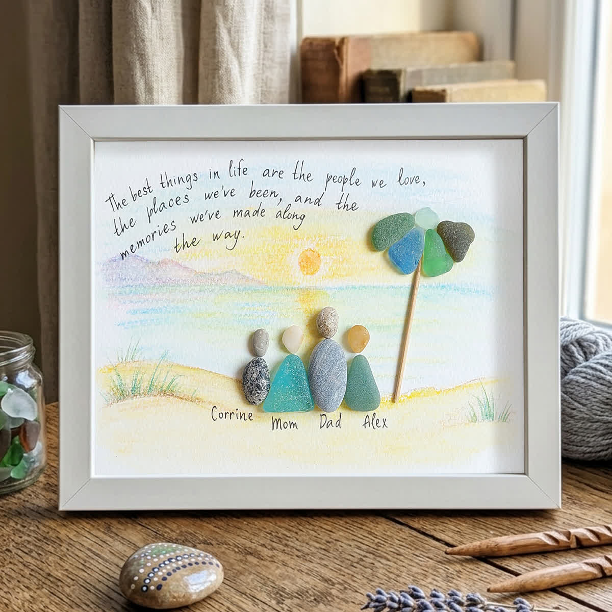 Custom Name Family Portrait Sea Glass Framed Art - White - 6" X 8" - image 10