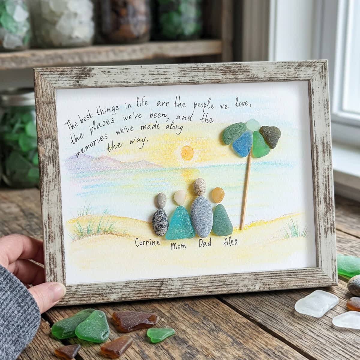 Custom Name Family Portrait Sea Glass Framed Art - Retro White - 6" X 8" - image 11