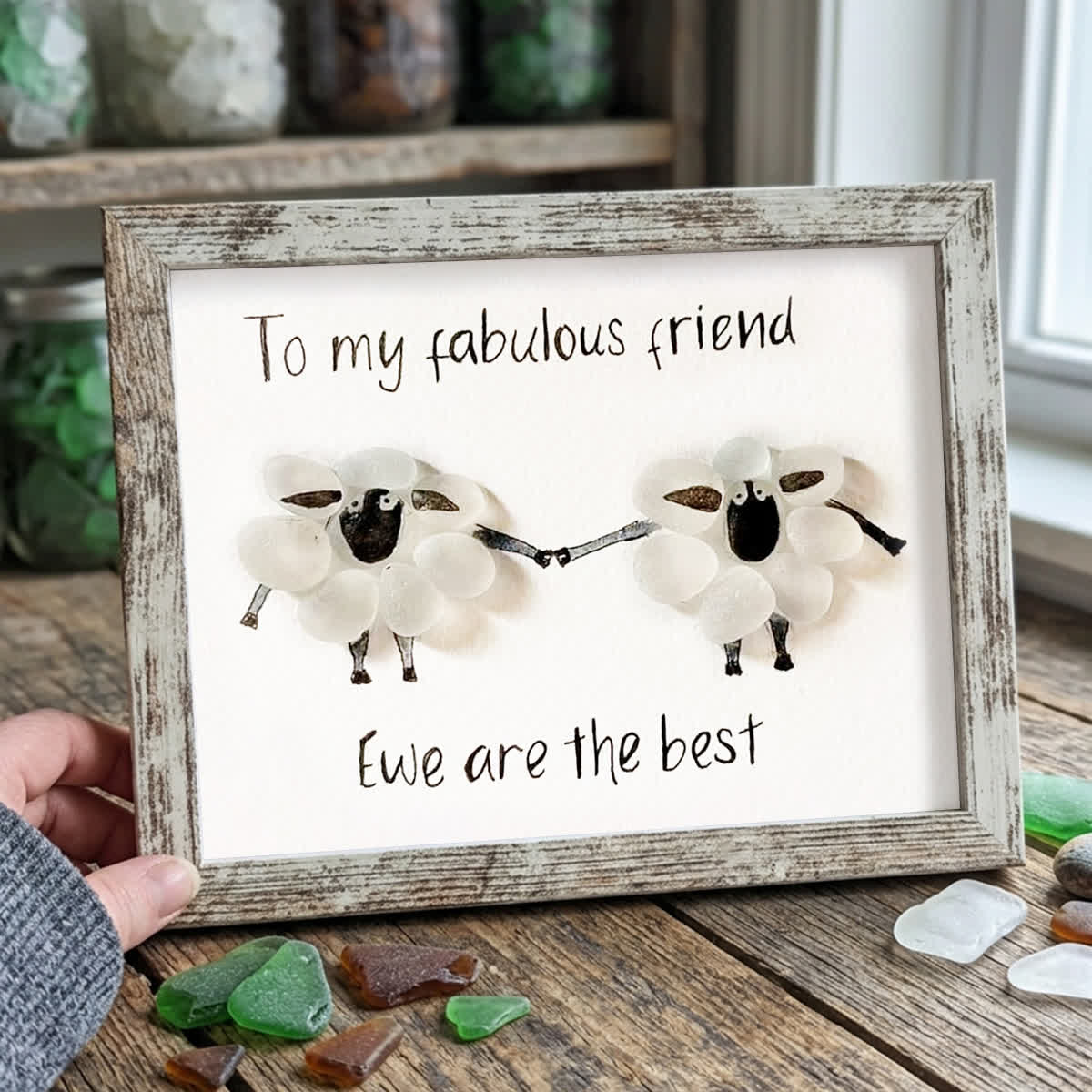 "To My Fabulous Friend" Cute Sheep Sea Glass Framed Art - Retro White - 6" X 8" - image 11