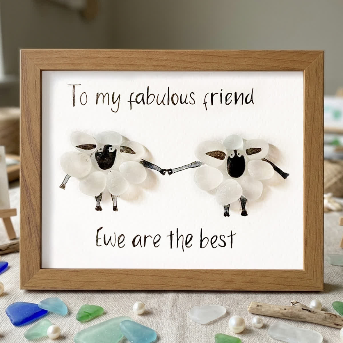 "To My Fabulous Friend" Cute Sheep Sea Glass Framed Art - Walnut Brown - 6" X 8" - image 8