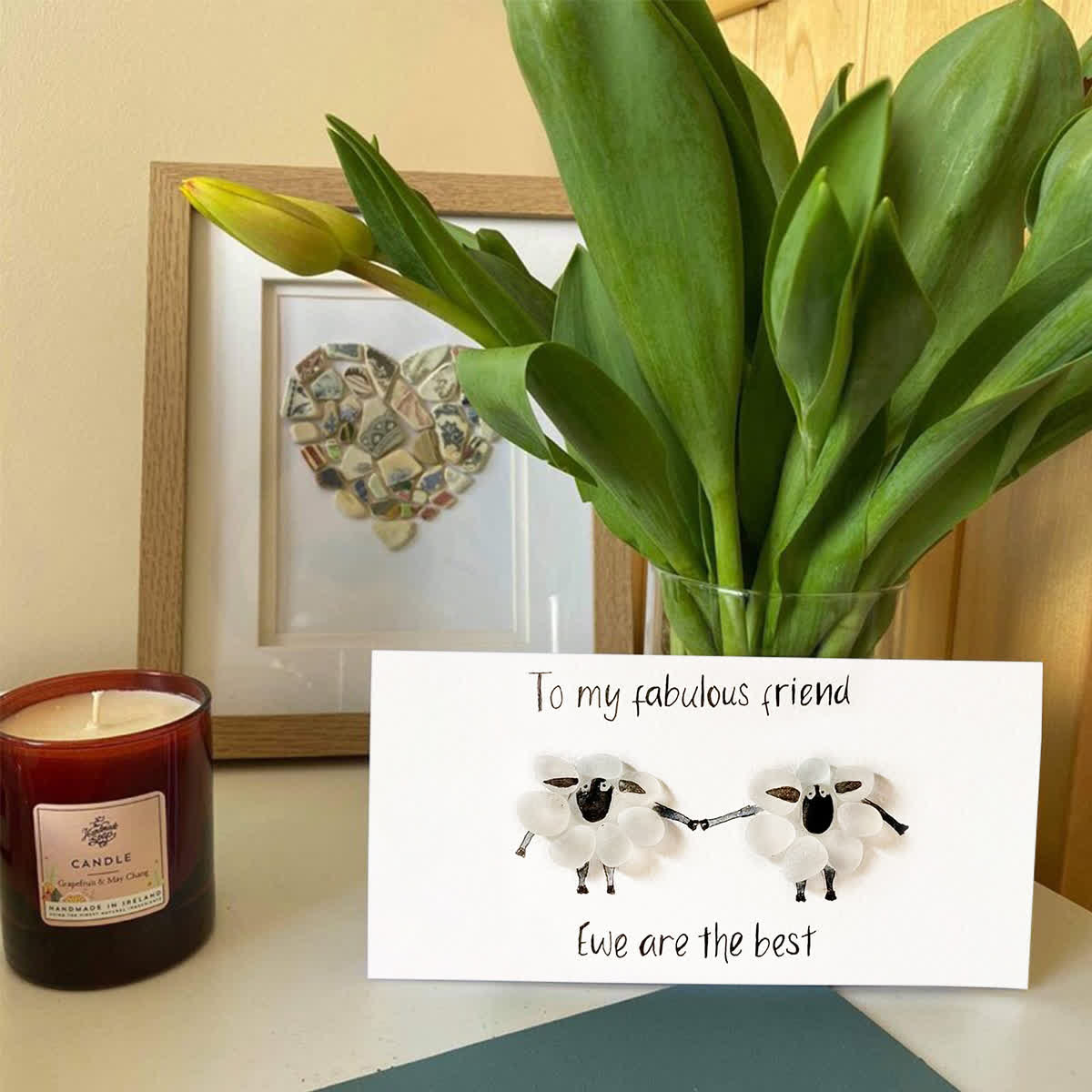 "To My Fabulous Friend" Cute Sheep Sea Glass Framed Art - Seaglass Card - 6" X 8" - image 1