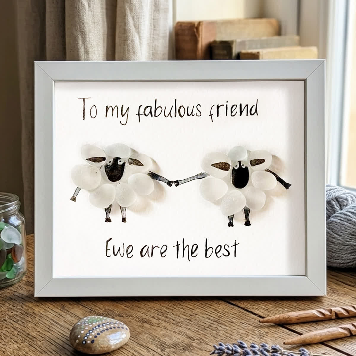 "To My Fabulous Friend" Cute Sheep Sea Glass Framed Art - White - 6" X 8" - image 10
