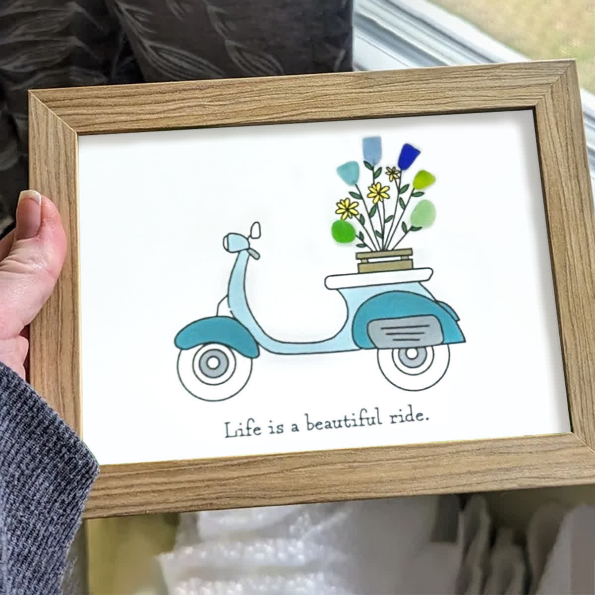 Life is a Beautiful Ride Scooter & Flower Sea Glass Framed Art - image 3