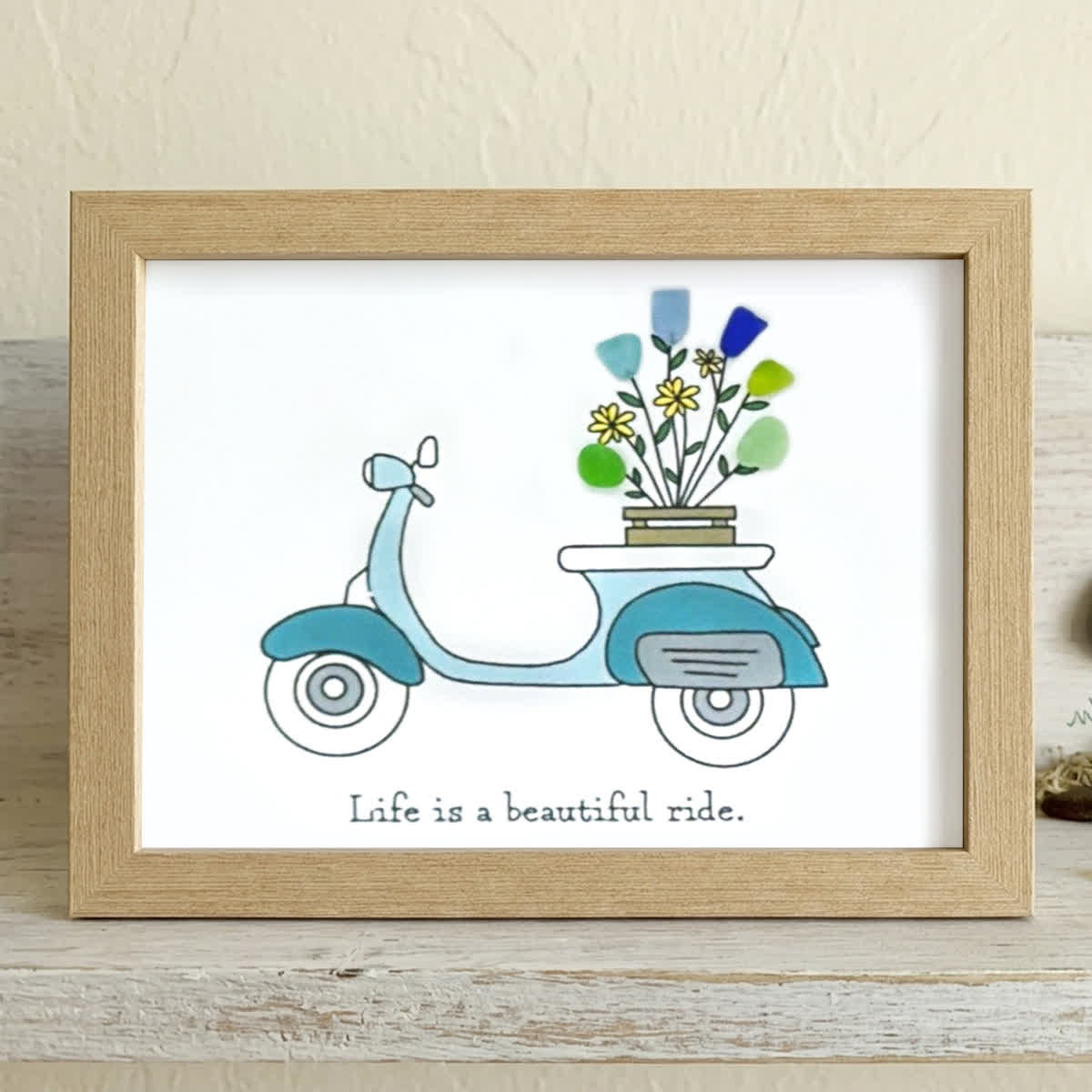 Life is a Beautiful Ride Scooter & Flower Sea Glass Framed Art - Oak - 6" X 8" - image 7