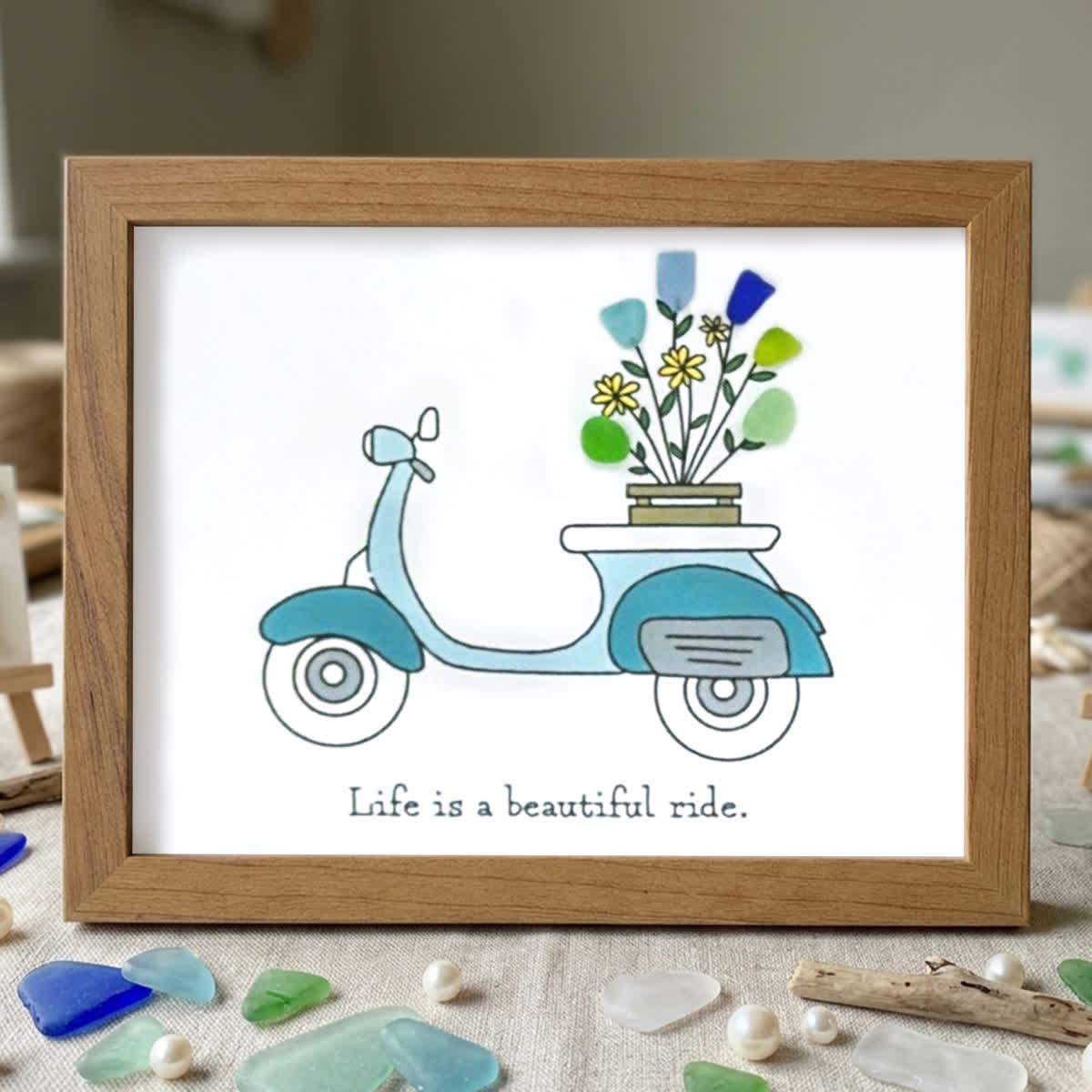 Life is a Beautiful Ride Scooter & Flower Sea Glass Framed Art - Walnut Brown - 6" X 8" - image 8