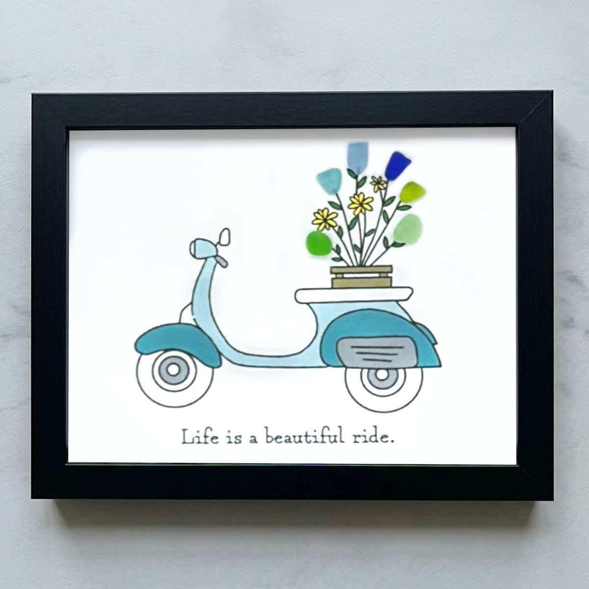 Life is a Beautiful Ride Scooter & Flower Sea Glass Framed Art - White - 6" X 8" - image 10