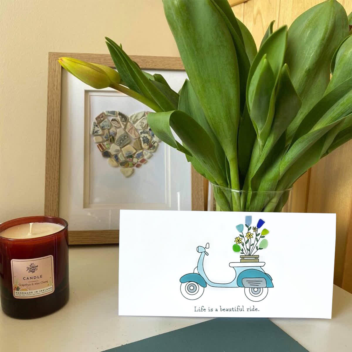 Life is a Beautiful Ride Scooter & Flower Sea Glass Framed Art - Seaglass Card - 6" X 8" - image 1
