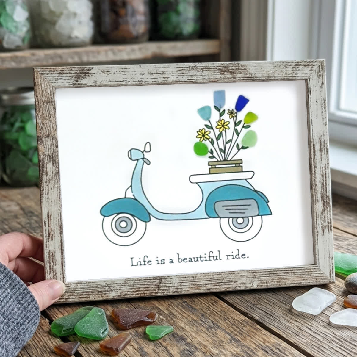 Life is a Beautiful Ride Scooter & Flower Sea Glass Framed Art - Retro White - 6" X 8" - image 11