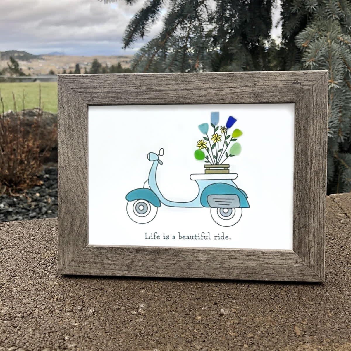 Life is a Beautiful Ride Scooter & Flower Sea Glass Framed Art - image 0