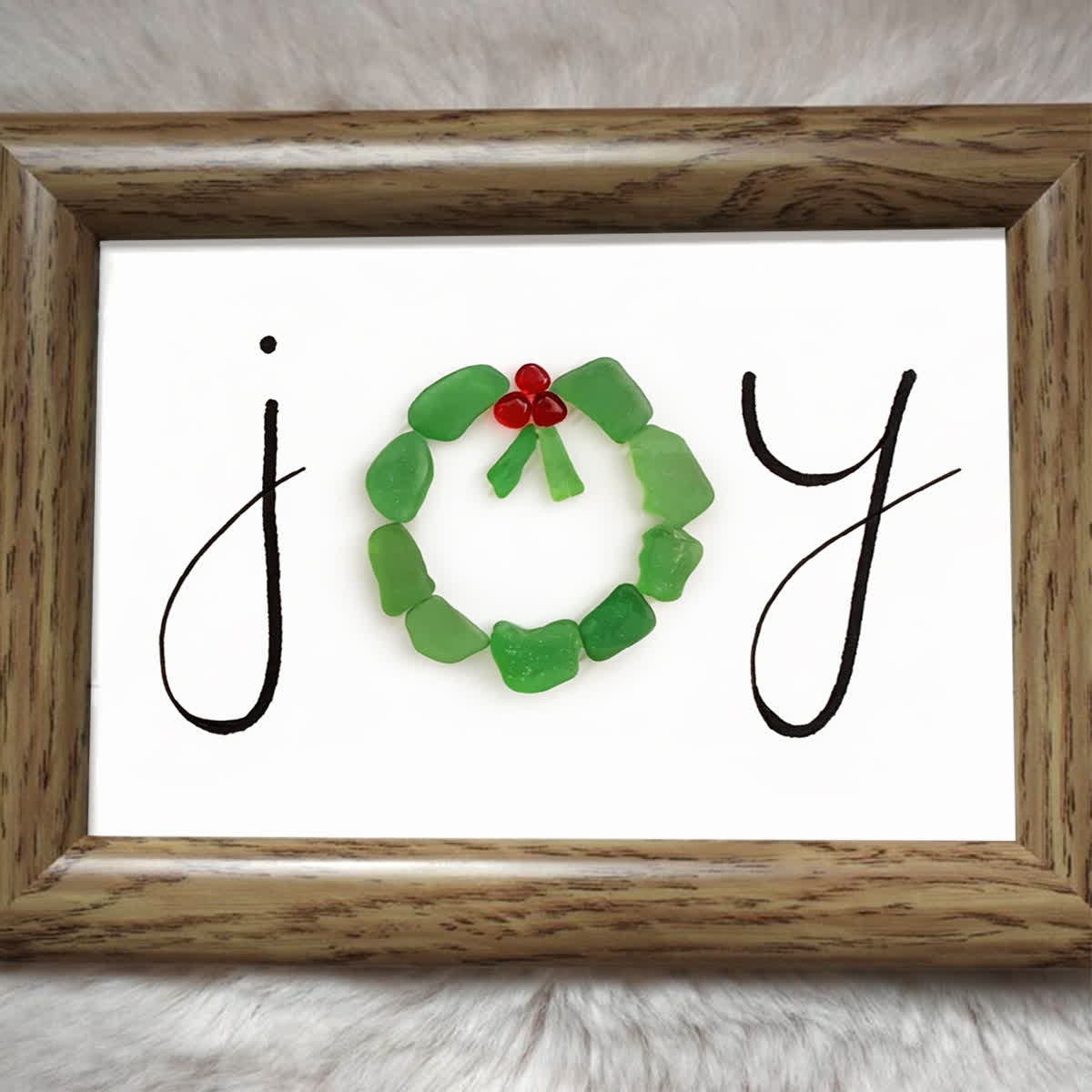 JOY Green Wreath Wishing Holiday Sea Glass Framed Art - image 0