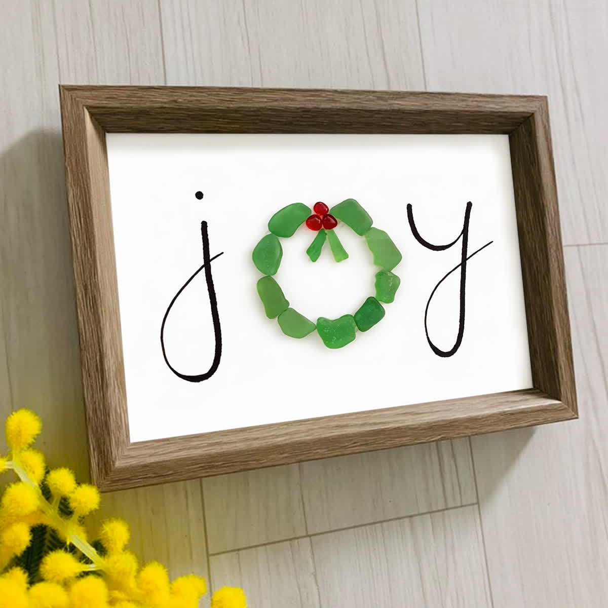 JOY Green Wreath Wishing Holiday Sea Glass Framed Art - image 5