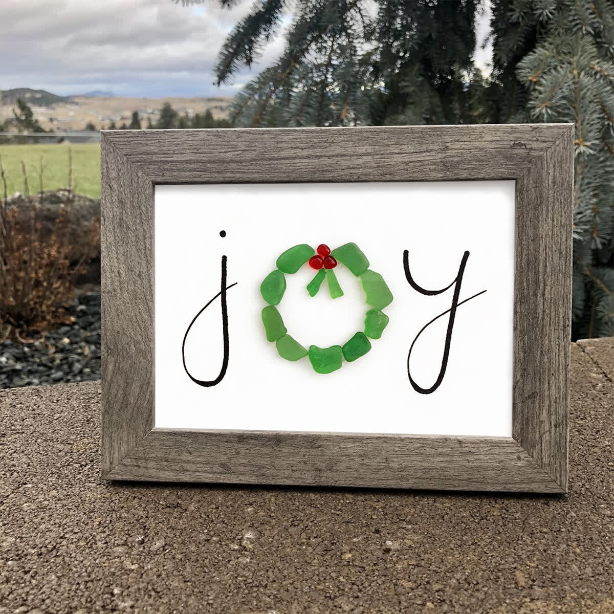 JOY Green Wreath Wishing Holiday Sea Glass Framed Art - image 3