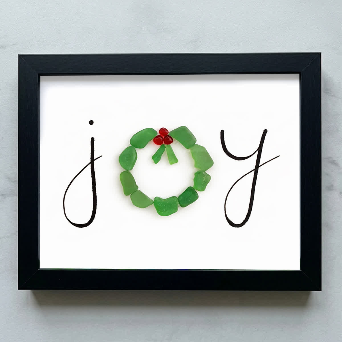 JOY Green Wreath Wishing Holiday Sea Glass Framed Art - Black - 6" X 8" - image 9