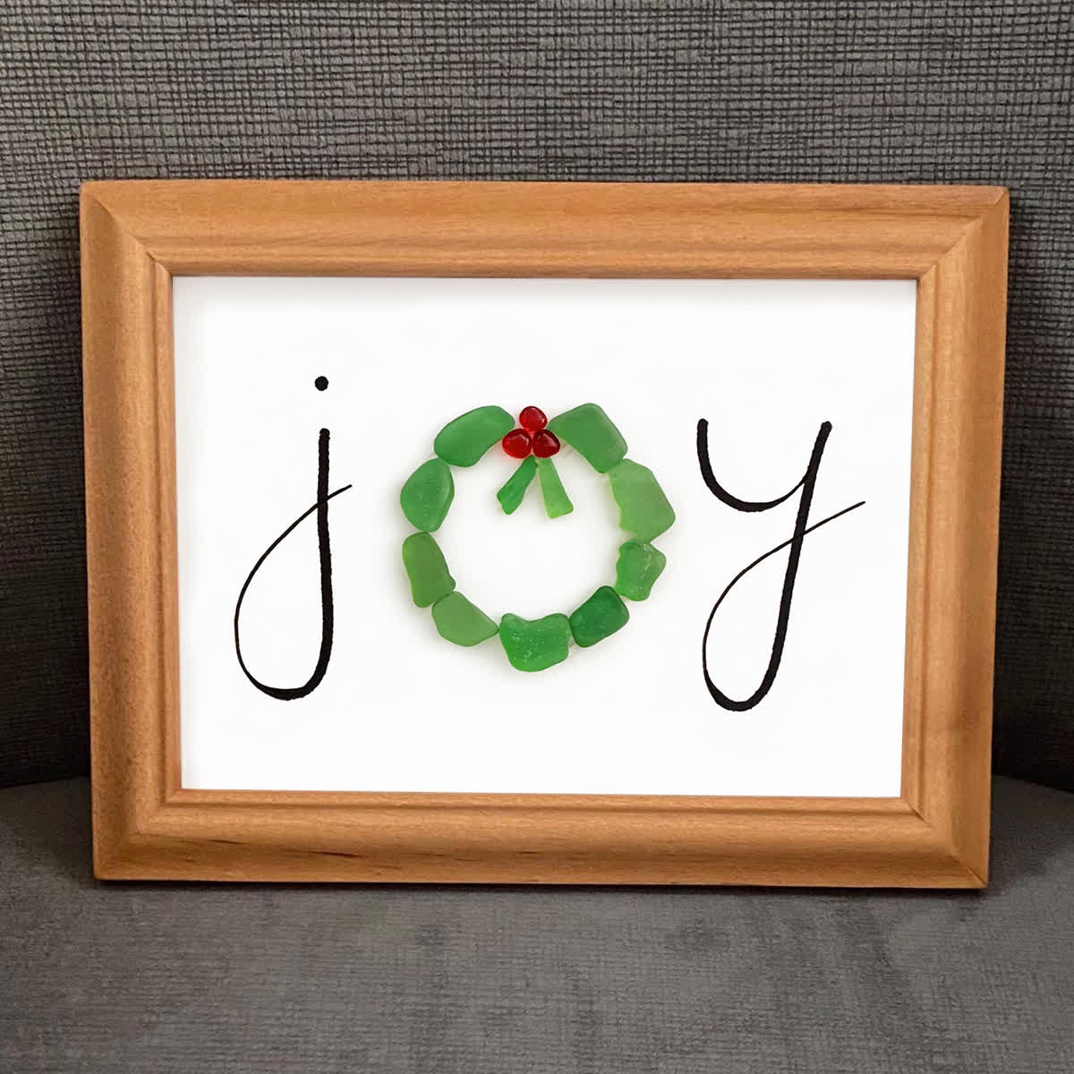 JOY Green Wreath Wishing Holiday Sea Glass Framed Art - image 4
