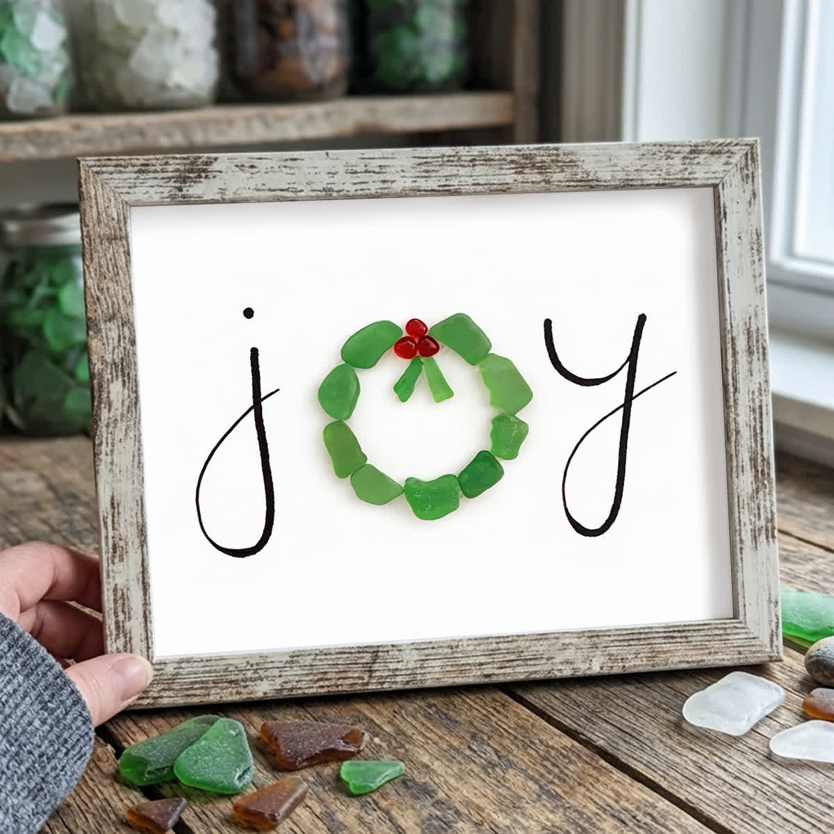 JOY Green Wreath Wishing Holiday Sea Glass Framed Art - Retro White - 6" X 8" - image 11