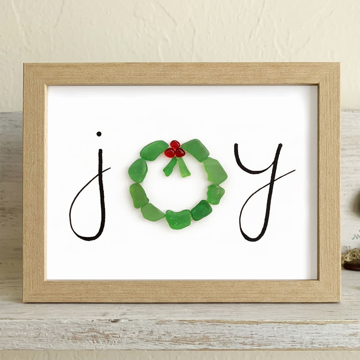JOY Green Wreath Wishing Holiday Sea Glass Framed Art - Oak - 6" X 8" - image 7