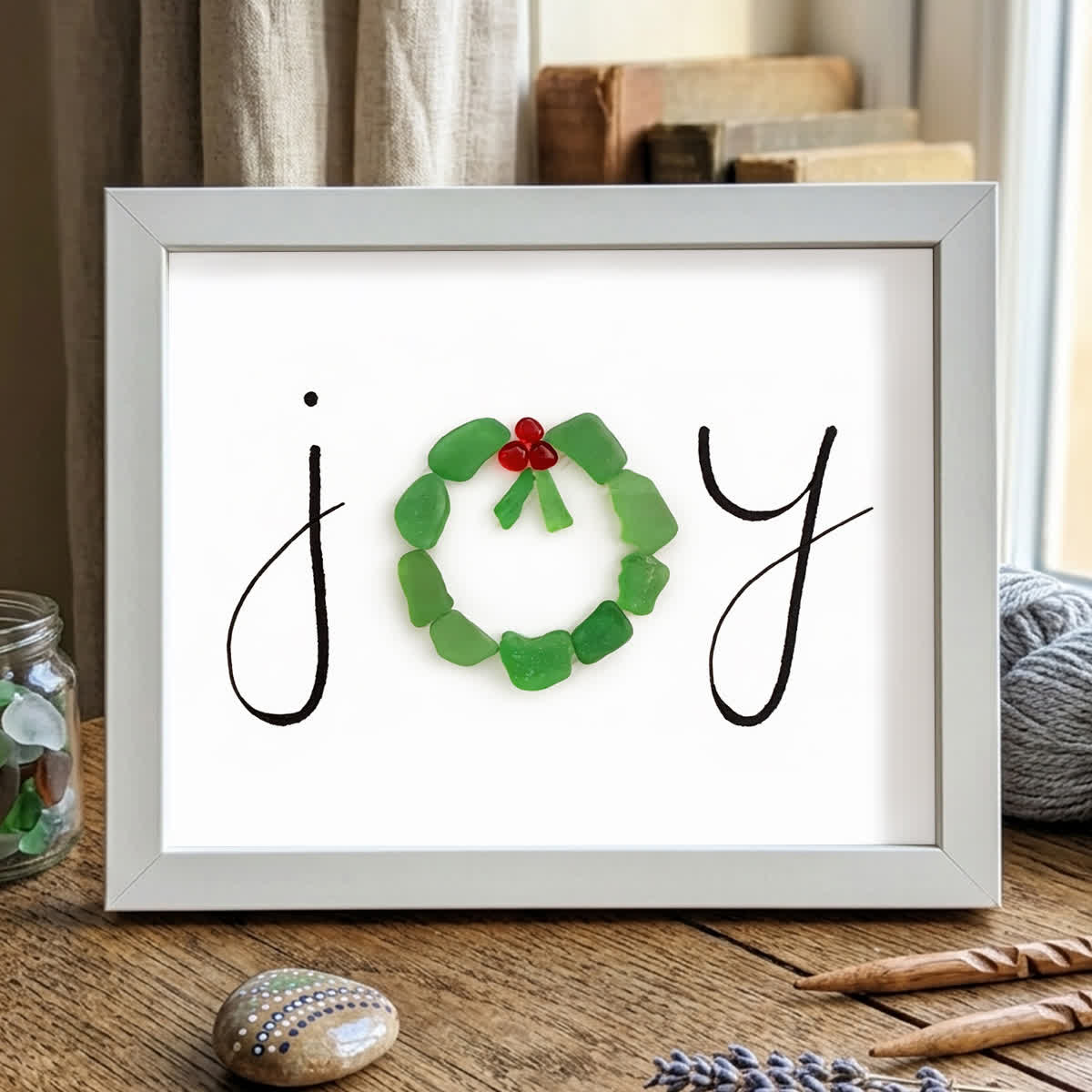 JOY Green Wreath Wishing Holiday Sea Glass Framed Art - White - 6" X 8" - image 10