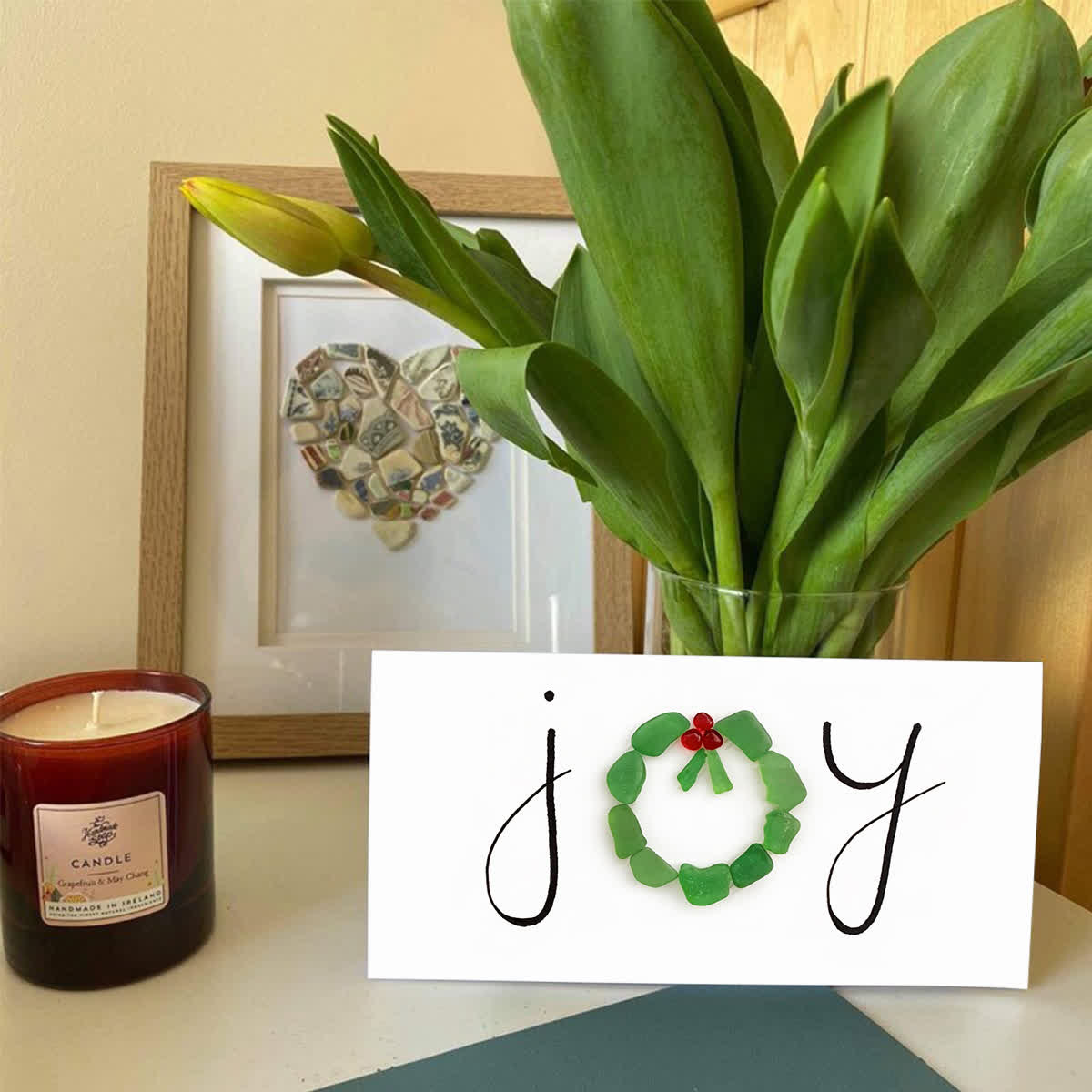 JOY Green Wreath Wishing Holiday Sea Glass Framed Art - Seaglass Card - 6" X 8" - image 1