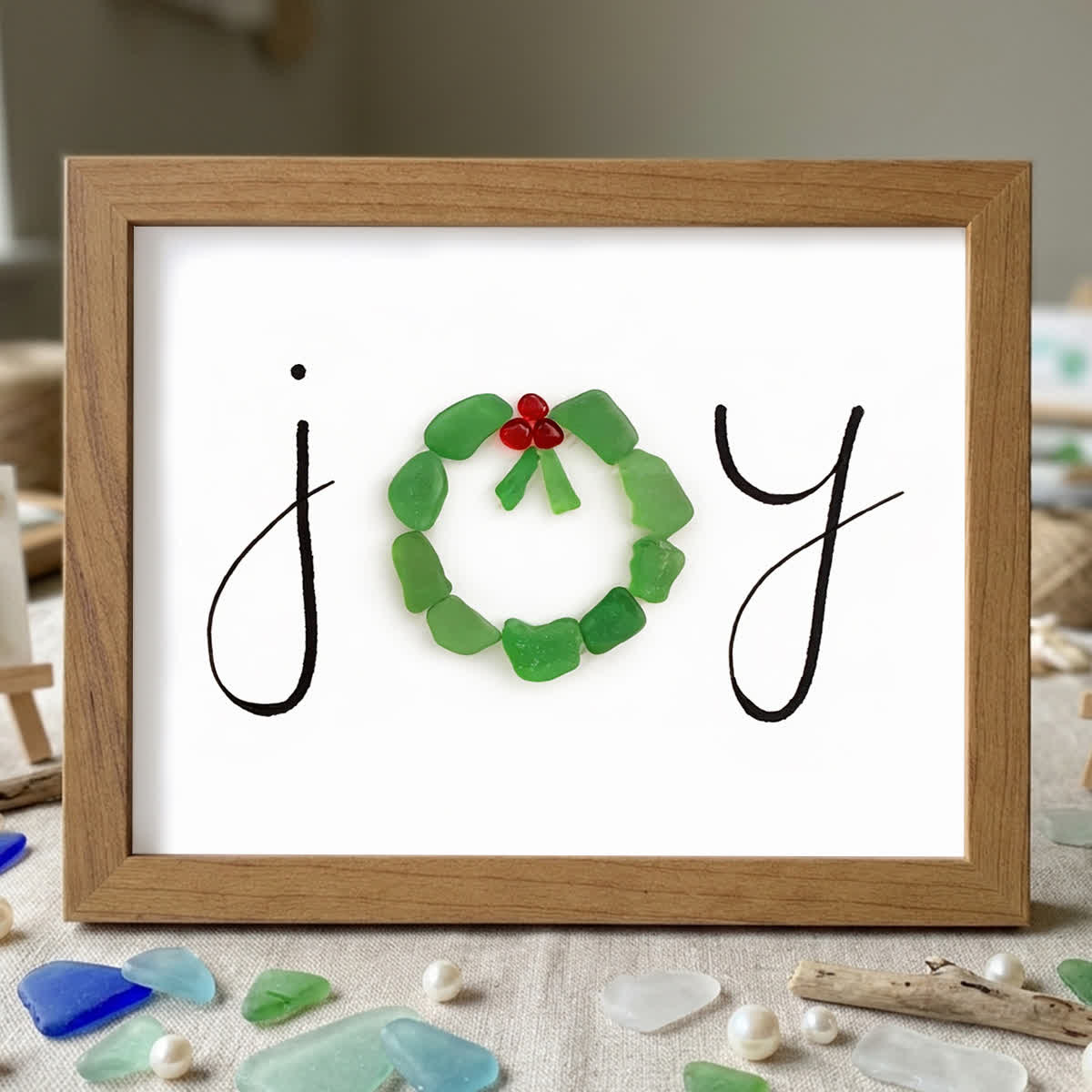 JOY Green Wreath Wishing Holiday Sea Glass Framed Art - Walnut Brown - 6" X 8" - image 8