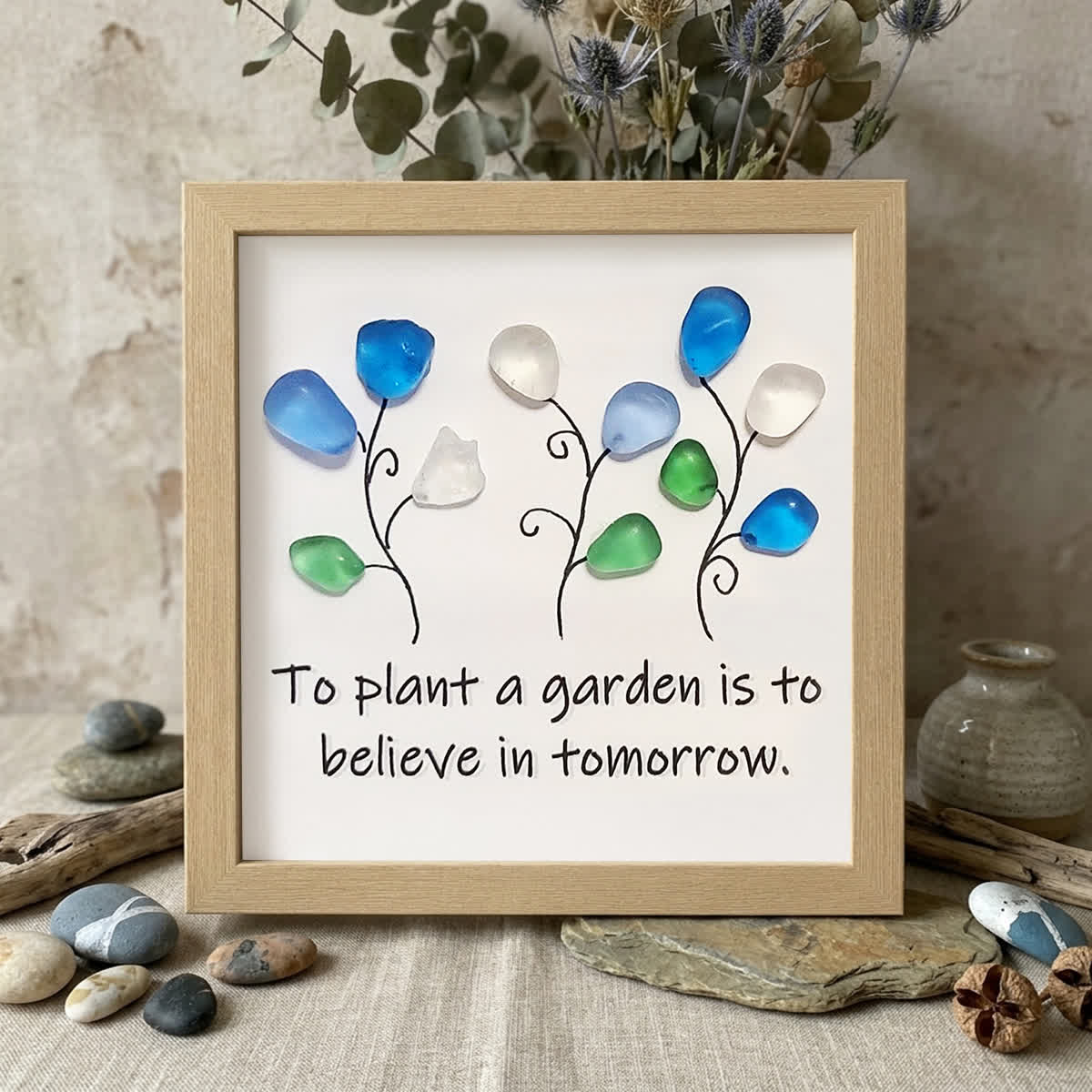 Garden Flower Inspirational Quote Sea Glass Framed Art - Oak - 8" X 8" - image 5