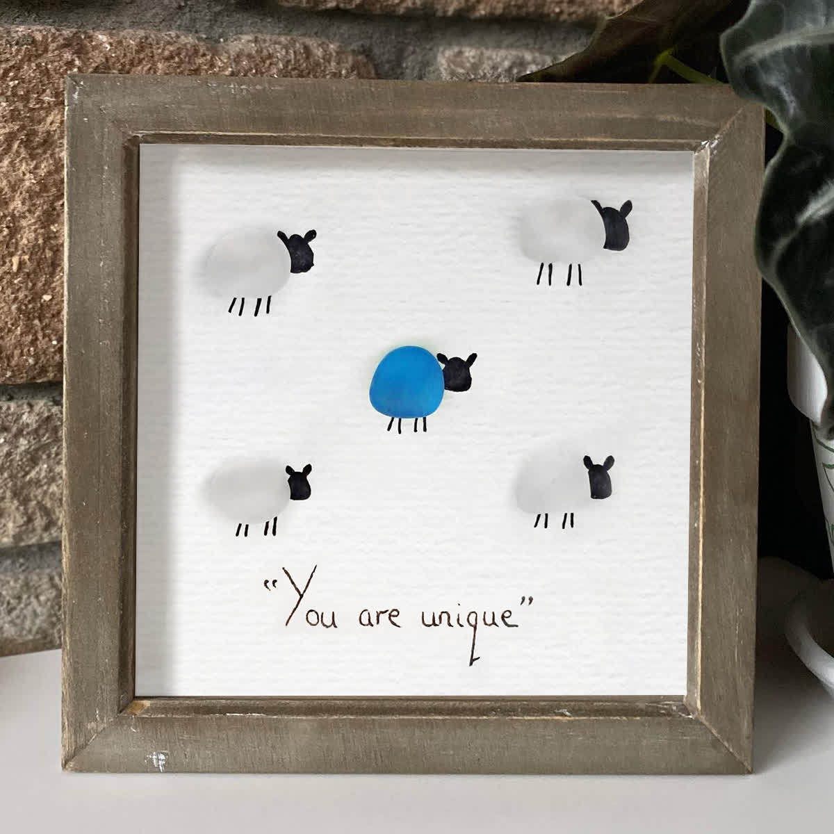 "You Are Unique" Sheep Motivational Sea Glass Framed Art - image 4