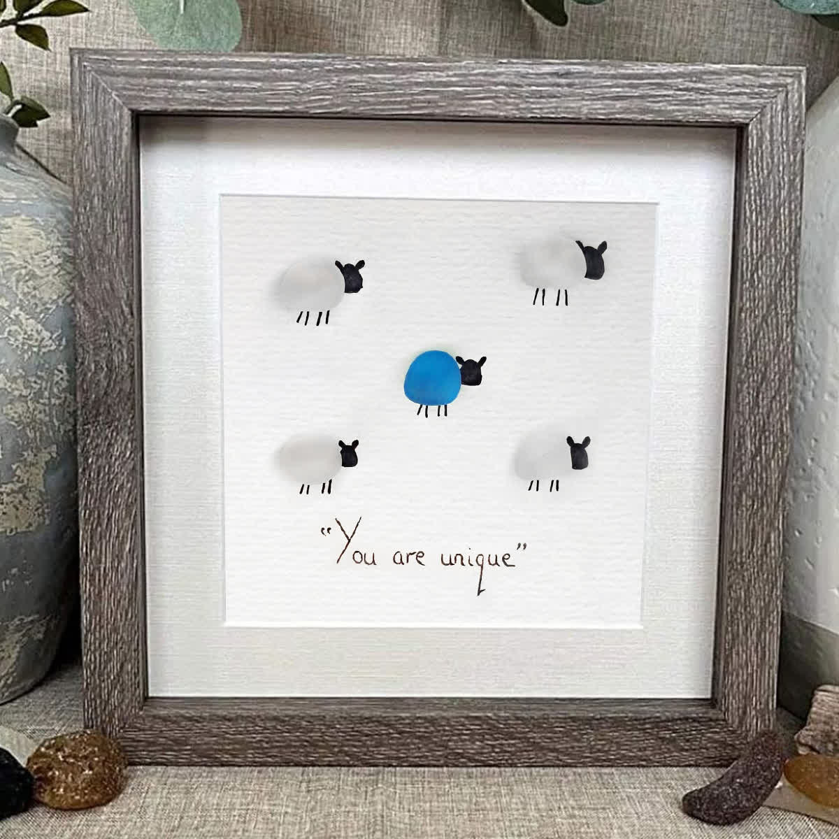"You Are Unique" Sheep Motivational Sea Glass Framed Art - image 0
