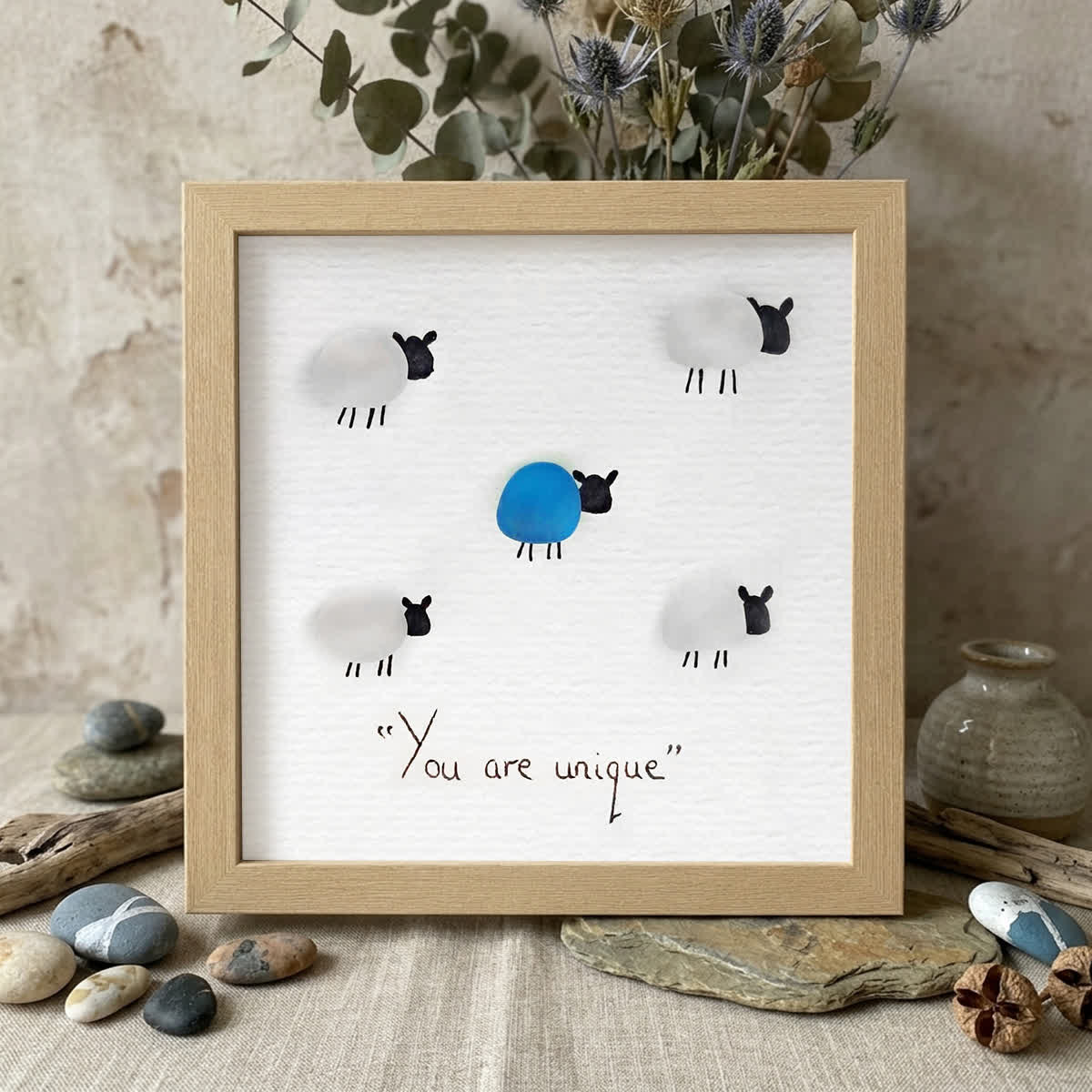 "You Are Unique" Sheep Motivational Sea Glass Framed Art - Oak - 8" X 8" - image 5