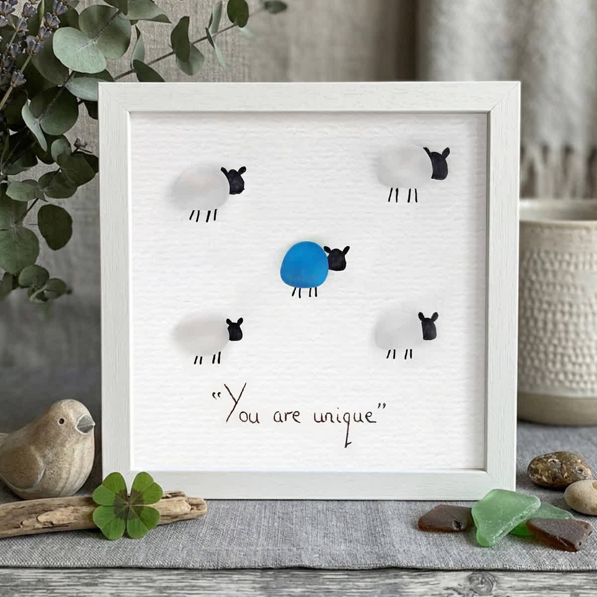 "You Are Unique" Sheep Motivational Sea Glass Framed Art - White - 8" X 8" - image 7