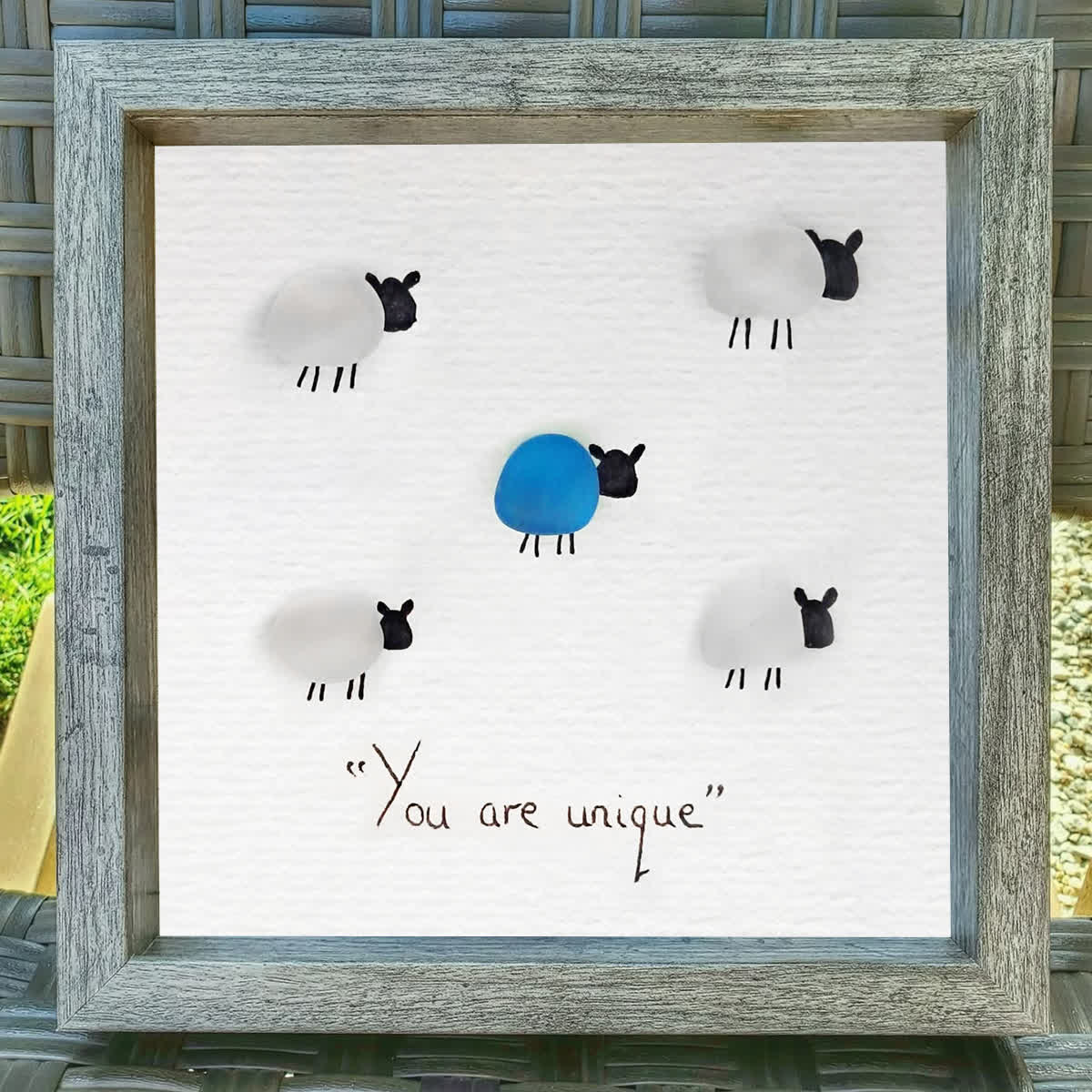 "You Are Unique" Sheep Motivational Sea Glass Framed Art - image 2