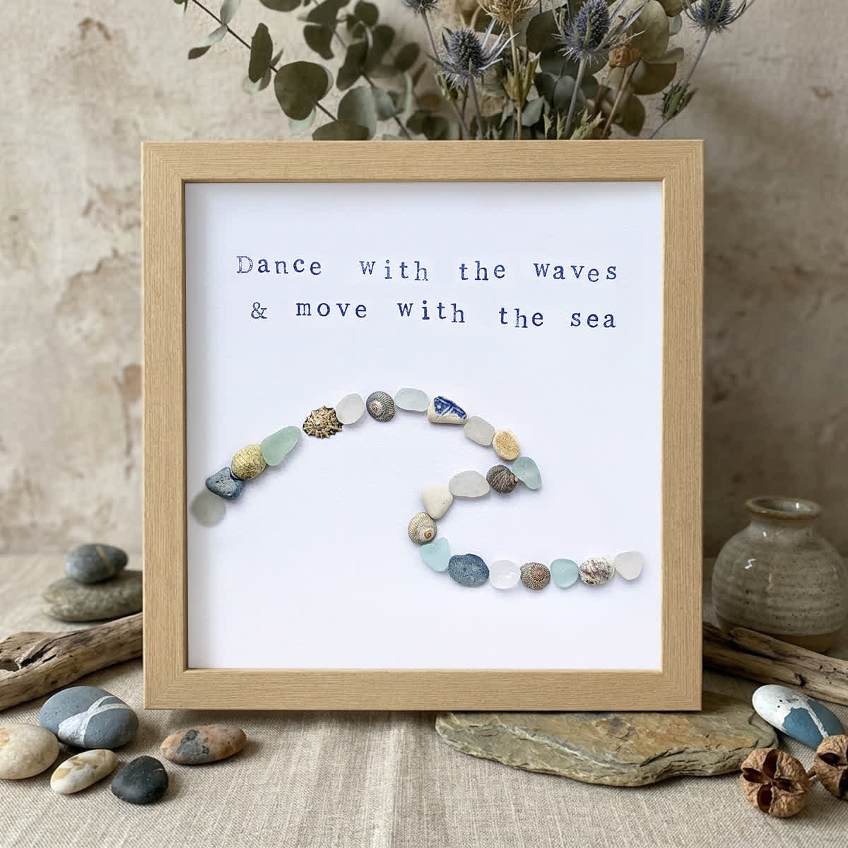 Coastal Wave Inspirational Quote Sea Glass Framed Art - Oak - 8" X 8" - image 5