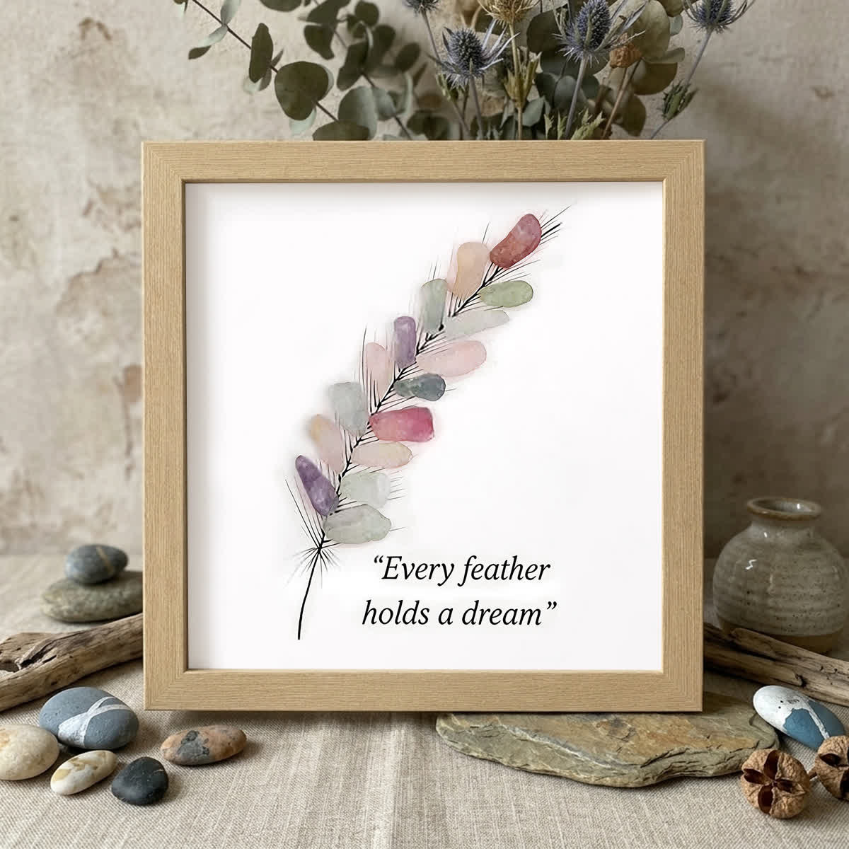 "Every Feather Holds a Dream" Sea Glass Framed Art - Oak - 8" X 8" - image 5
