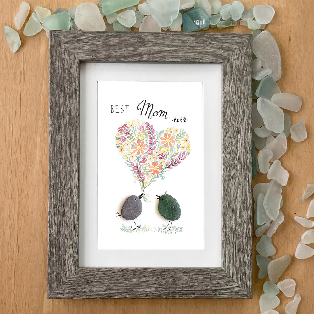 "Best Mom Ever" Birds Floral Heart Sea Glass Framed Art - image 4