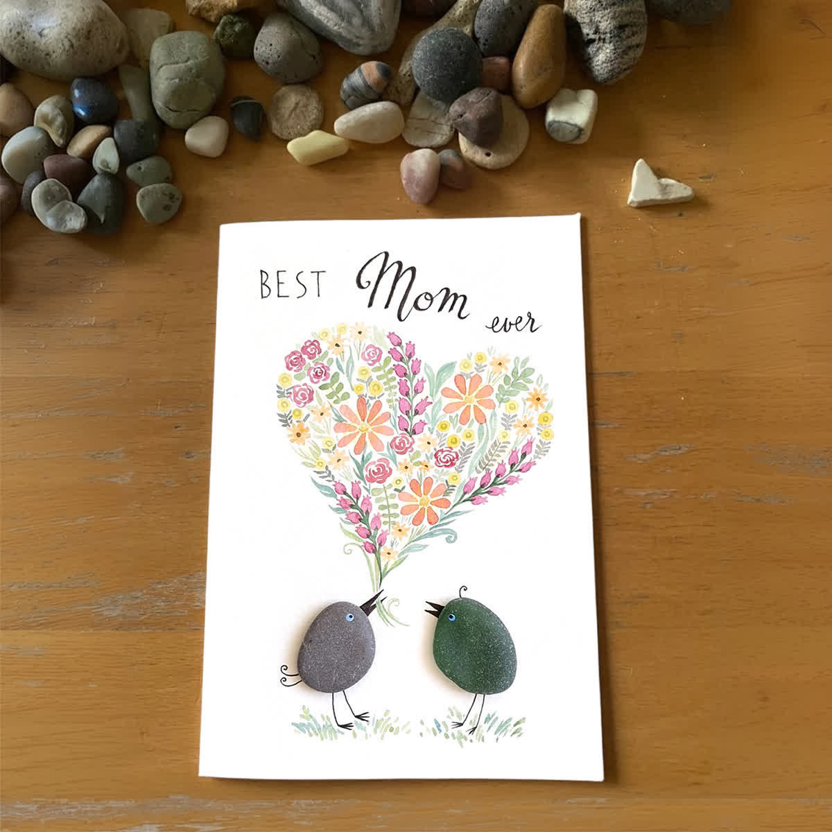 "Best Mom Ever" Birds Floral Heart Sea Glass Framed Art - Seaglass Card - 8" X 6" - image 1