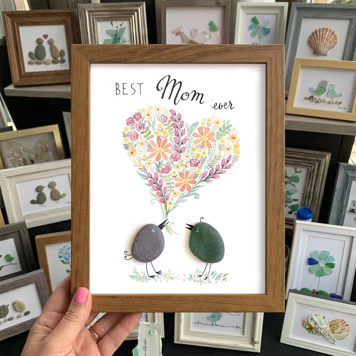 "Best Mom Ever" Birds Floral Heart Sea Glass Framed Art - Walnut Brown - 8" X 6" - image 7