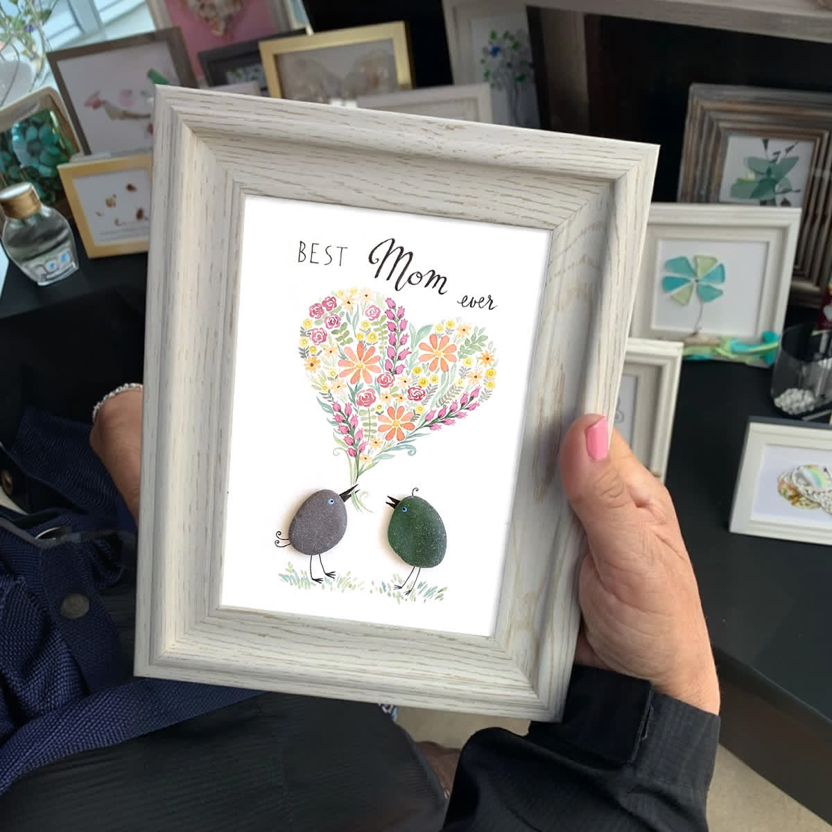 "Best Mom Ever" Birds Floral Heart Sea Glass Framed Art - image 0