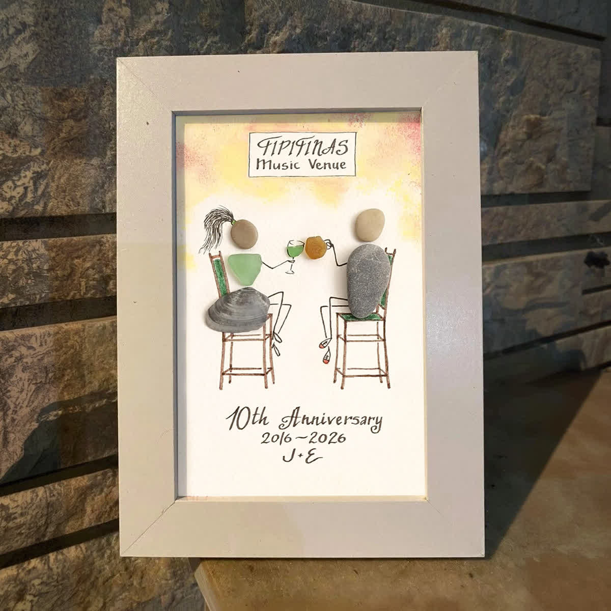 Personalized Anniversary Couple Toasting Sea Glass Framed Art - image 0