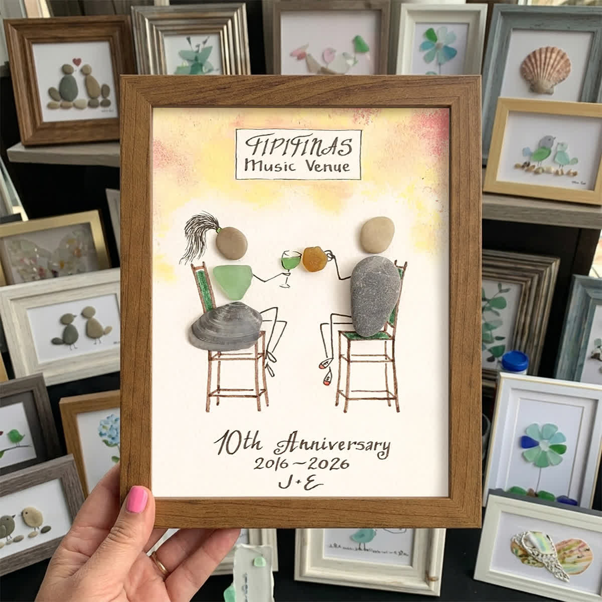 Personalized Anniversary Couple Toasting Sea Glass Framed Art - Walnut Brown - 8" X 6" - image 7