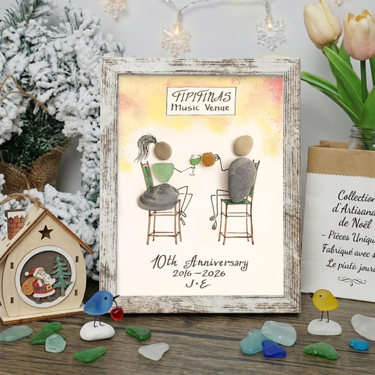 Personalized Anniversary Couple Toasting Sea Glass Framed Art - Retro White - 8" X 6" - image 10